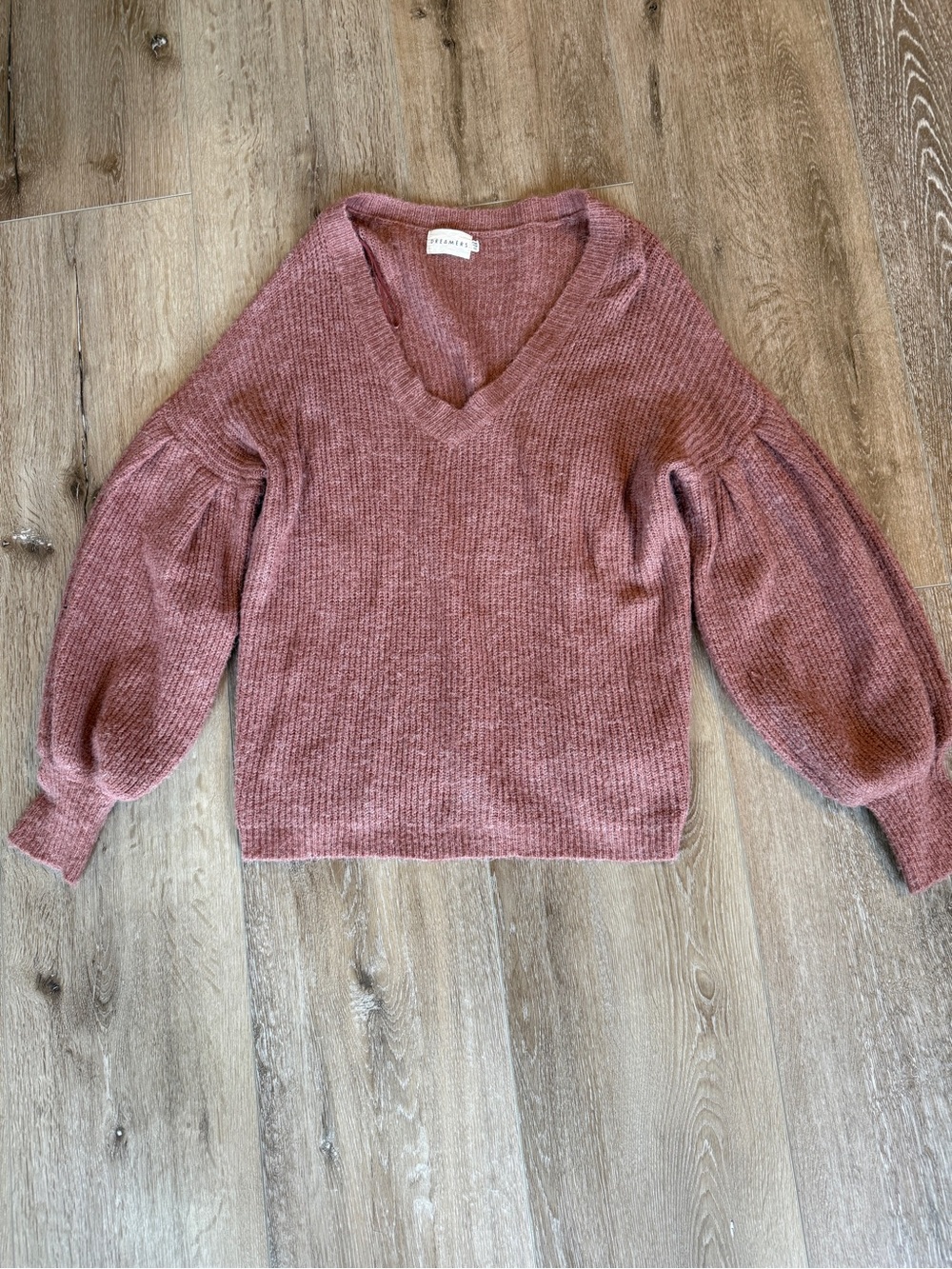 Dreamers Mauve Ribbed V-Neck Sweater with Balloon Sleeves